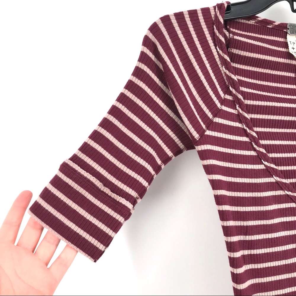 SOLD: We the Free Maroon Cream Ribbed V-Neck Top - Picture 3 of 5